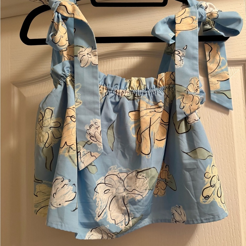Floral Blue Sleeveless Top with Bow Straps